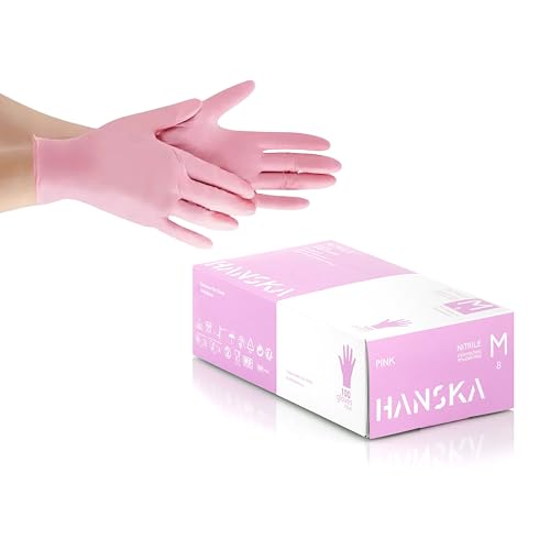 HANSKA 100 Guantes desechables de nitrilo rosas - Sin polvo - Desechables - Ambidiestros - No estériles - Base de goma - Apto para áreas médicas y manipulación de alimentos (100, M)