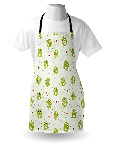 Lunarable Animal Apron, Illustration Of Frog Prince On Heart Dotted Retro Background Love Romance, Unisex Kitchen Bib Apron With Adjustable Neck For Cooking Baking Gardening, Green Red White #TOP2