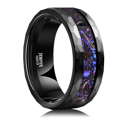 JEWPER 8mm Men Womens Wedding Band Tungsten Rings Black Blue Hammer pattern Fashion Promise Carbide Inlaid Milky Way Foil Iron Filings Matte Finish Edge Comfort Fit Size(9)