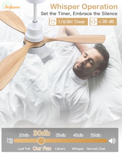 Image of Sofucor 48 Inch Wood Ceiling Fans with Lights, Flush /Downrod Mount, Remote | Quiet Reversible DC Motor, 3CCT Dimmable, 6 Speeds, Timer, Indoor /Outdoor /Bedroom /Living Room /Patio /Kitchen, Natural Wood