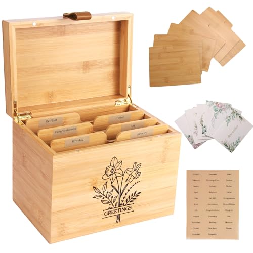 Large Bamboo Greeting Card Organizer Box with 6 Removable Dividers Real Leather Handle 100% Handmade Solid Bamboo Storage Box for Christmas Valentine & Birthday Cards Postcards Stationery