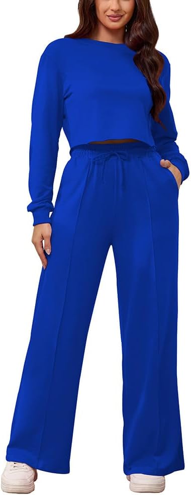 PINSV Women's 2 Piece Outfits Sweatsuit Set Long Sleeve Crop Top Drawstring Wide Leg Pants with Pockets Tracksuits Casual Set - Image 5