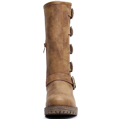 Image of GLOBALWIN Chunky Mid Calf Fashion Dressy Motocycle Biker Military Style Combat Boots for Women Low Heel