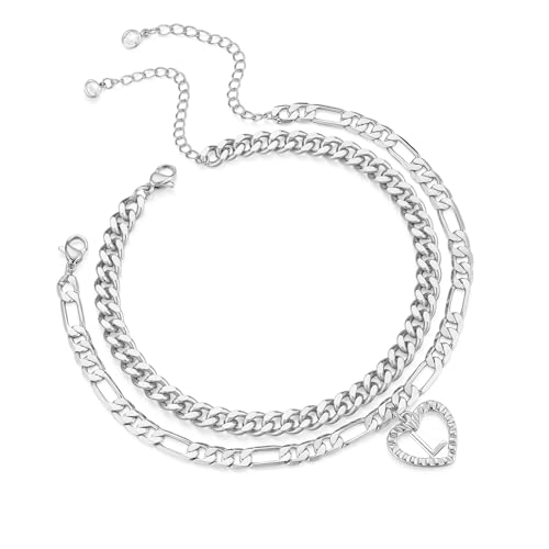 Image of Dainty Gold Ankle Bracelets for Women 14K Gold Plated Heart Initial Anklets for Women Stackable Cuban Figaro Chains Women's Anklets Anklets for Women Waterproof
