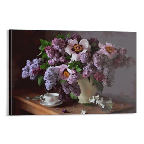 QBIREX Affiches et impressions de lilas violets, peinture à l'huile sur toile, peinture murale allongée sur le côté, art mural moderne, décoration de...