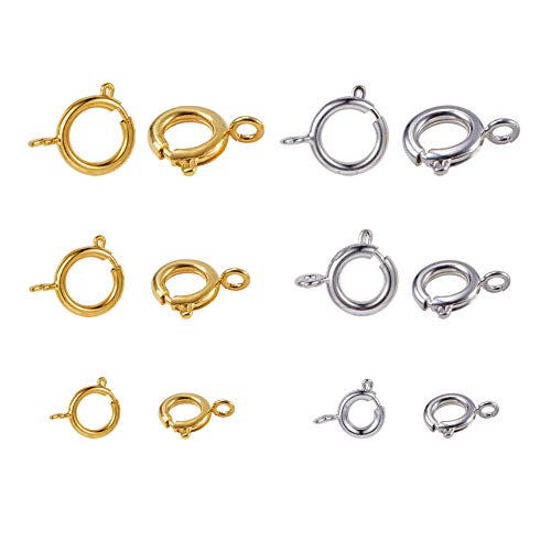 PH PandaHall 120pcs 3 Sizes Silver & Gold Brass Spring Clasps Round Clasps Open Ring for Necklace Bracelet Jewelry Making (6mm, 9mm, 12mm)