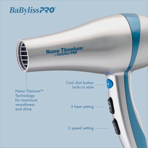 BaBylissPRO Nano Titanium Hairdryer, Ionic and Ceramic Blowdryer with 2 speeds, 3 heat settings and a built-in stand, 1700 Watts for Efficient Hair Drying