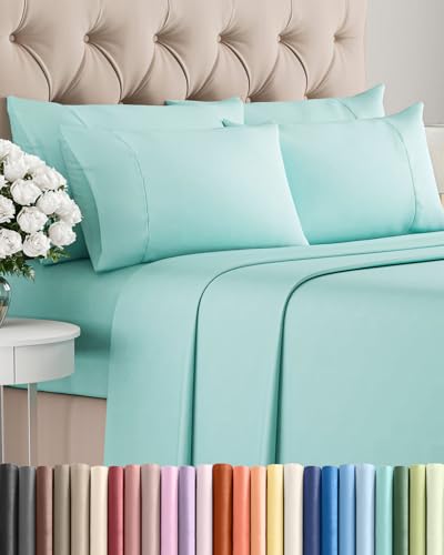 Image of Queen 6 Piece Bed Sheet Set - Comfy, Breathable & Cooling Sheets - Spa Blue | Ultra-Soft Hotel Luxury Bedding Set w / 8-16 Inch Deep Pockets, 1 Flat & 1 Fitted Sheet & 4 Pillowcases, Wrinkle & Fade Free