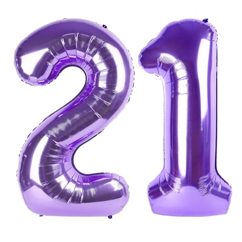 Image of 21 Balloon 40 inch Purple Number Balloons for 12 21 Birthday Decoration | Saturated Color, Large 40 in, With Straw & Hanging Hole, For Back-to-School Season, Wedding, Christmas, New Year, Anniversary