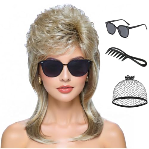 Airhostess 80s Retro Layered Mullet Wig for Women Pre-Styled Synthetic Wig Natural Texture for Halloween Cosplay 80s Themed Party (Blonde)