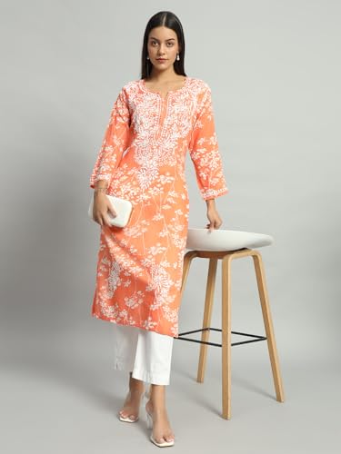 Image of Bilal Handicrafts Women's Lucknowi Chikankari MUL Cotton Straight Kurti | Floral Embroidered Calf Length Kurta | Sizes 36-46 | Orange