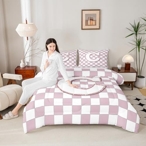 Image of Erosebridal Pink Initial C Bedding Set Full Kawaii Plaid Checkered Comforter Set for Kids Girls Teen Women Cute Personalized Monogram Down Comforter,Fashion Grids Gingham Quilt Duvet