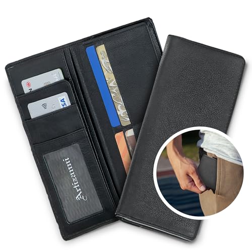 Leather Wallets for Men and Women, RFID Handmade with 22 Card Slots, 4 Bill Compartments & 1 Zippered Pocket, Leather, Minimalist Plaid Black Long Wallets,3.5” W x 8” H x 0.254