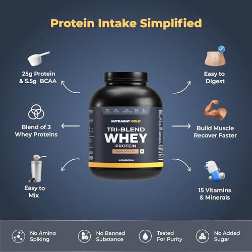 Image of Nutrabay Gold Tri Blend Whey Protein Powder - 2kg, Rich Chocolate Creme | 25g Protein, 5.5g BCAA | Concentrate, Isolate, Hydrolyzed Protein | Muscle Growth & Recovery | Gym Supplement for Men & Women