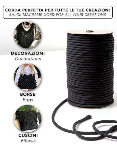 Cuerda de algodón macramé negro de 6 mm, el cordón resistente de 100 metros para tus tapices 4