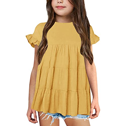 sfdgfhyf Child Cute Blouse Toddler Girls T Shirts Ruffle Short Sleeve Round Neck Loose Blouse Summer Solid Color Casual
