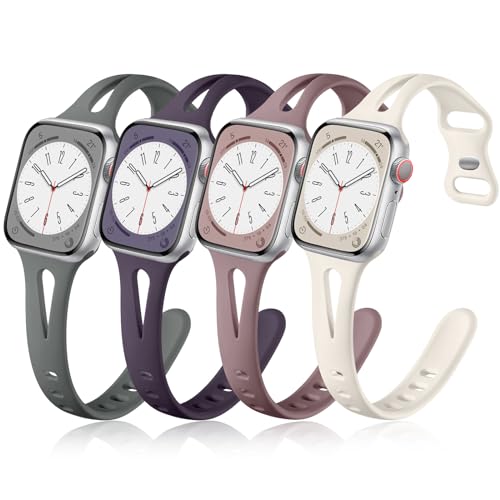 Getino Bracelet for Apple Watch Band Series 10 9 8 7 6 5 4 3 2 1 SE Ultra iWatch Strap 38mm 40mm 41mm 42mm 44mm 45mm 46mm 49mm, Soft Silicone Thin Slim Sport Band for Apple Watch Women Men 4 Pack