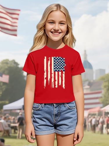 Image of VVNTY Girls American Flag Crop Tops Kids USA Crop Shirt Patriotic 4th of July Tops 5-14 Years