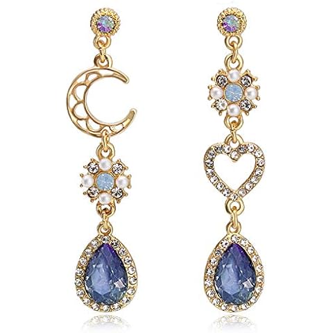 DAMLENG Bohemian Hollow Asymmetrical Long Star Sun Moon Crystal Drop Earrings for Women Vintage Gold Heart Blue Teardrop Dangle Earrings Jewelry (Blue) Cover