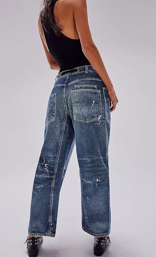 loveimgs Women Casual Drawstring Barrel Jeans Denim Pants Y2k Wide Leg Horseshoe Jeans Patchwork Baggy Jeans Trousers3