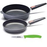 Woll Pfannenset Titanium Nowo 2 Guss-Bratpfannen Ø 24 cm + Ø 28 cm, Höhe 5 bzw. 7 cm mit abnehmbaren Griff, inkl. 1 x Gemüsemesser