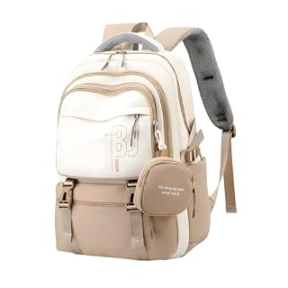 FWQPRA School Backpack for Teen Girls, Cute College Backpacks for Women Students Aesthetic Bookbag Large 18.8 Inch Laptop Bag Middle School Travel Back Pack (Khaki Beige)