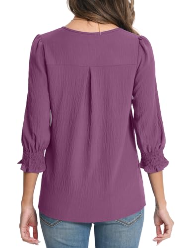 Funlingo Women's Tops 3/4 Length Sleeve Business Casual Blouses 2026 Fashion Summer Tunic Tops Henley V Neck Pleated Shirts Flowy Loose Fit Dressy Fuchsia 2XL — view 4