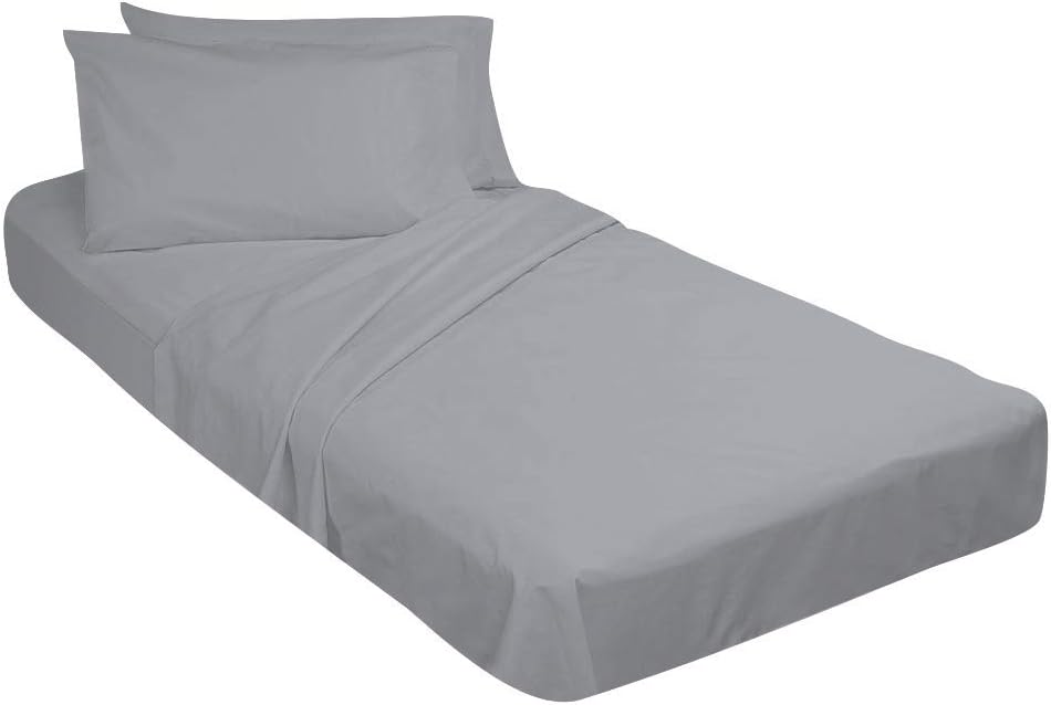 100% Egyptian Cotton, 4 Piece Toddler Bed Set-Fitted Bottom Sheet, Flat Top Sheet, Standard Size Pillowcase, Silver-8 Inch Pocket Length