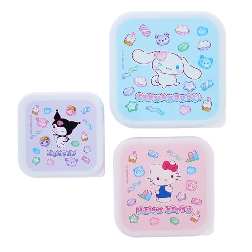 Image of Blueprint Collections Hello Kitty Storage Pots | Set of 3 Cute Kawaii Snack Boxes | Reusable Food Containers for Kids & Adults | Featuring Kuromi & Cinnamoroll | Sanrio Gifts