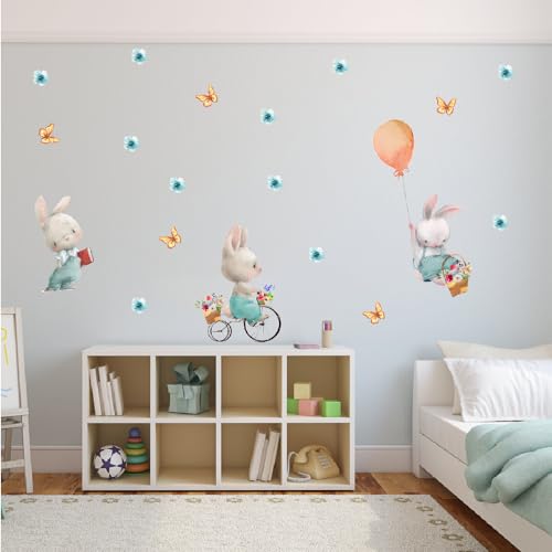 Image of Cute Bunnies with Flower Balloon Butterfly Wall Stickers for Kids Room Bedroom Living Room Door Study Boho Nursery Wall Decoration Wall Sticker for Baby Boy Girl Room Playroom Decor