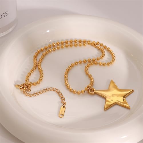 18k Gold Star Choker Necklace for Women Minimalist Stainless Steel Star Charm Pendant Trendy Adjustable Bead Chain Necklaces Hypoallergenic Fashion Jewelry for Her Bff3