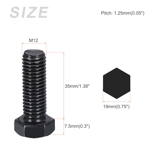 Image of METALLIXITY Hex Bolts (M12-1.25x35mm) 5Pcs, 8.8 Grade Carbon Steel Fully Threaded Black Oxide, Coarse Thread UNC Hex Head Screw Bolt - for Furniture Repair
