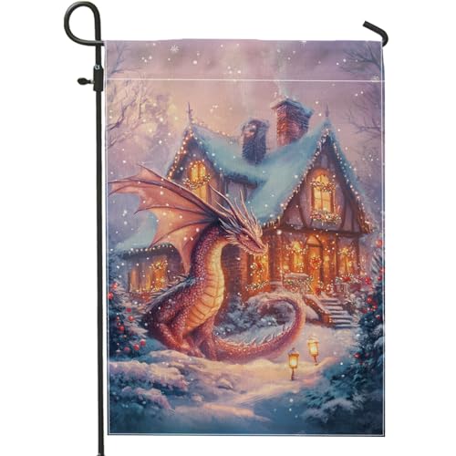 Bandiera da giardino invernale con drago del paese delle meraviglie, creatura mitica rossa alata per esterni, bandiera da giardino in iuta su entrambi i lati, per le festività natalizie, decorazione