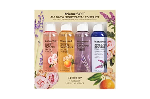 Nature Well All Day & Night Facial Toner Kit, Featuring Nourishing Rose Water, Energizing Ginger Mandarin, Relaxing Lavender & Blue Light Blocker, Pack Of 4 (3.6 Fl Oz Each) #TOP1