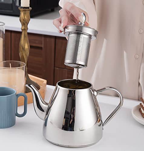 SANQINHOME Premium Stainless Steel Teapot with Infuser 42oz (1.2 litres) for 6-8 Cups, Elegant Pour Silver Tea Pot with Strainer for Loose Leaf Tea - Image 5