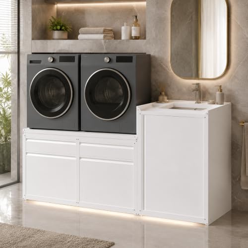 Image of 1300LBS Laundry Pedestal with Laundry Basket for Washer and Dryer | Washing Machine Stand Base Raiser with Washbasin Cabinet,White, 3PCS