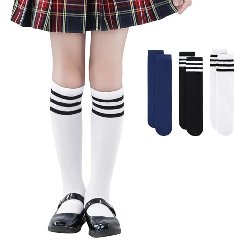 Durio 3 Pairs Knee High Socks for Girls School Uniform Socks Breathable Seamless Socks Long Socks for Girls Boys Kids 3Pack White on Black&Navy&Black on White 7-10 Years