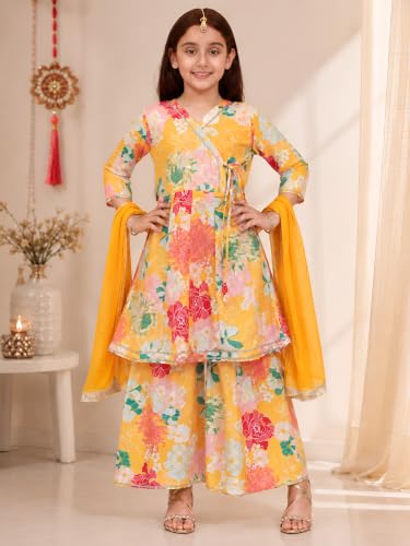 Image of Preneum Girls's Ethnic Cotton Bandhani & Lehariya Printed 3 /4 Sleeves Gotta Patti Angrakha Kurta with Sharara Set