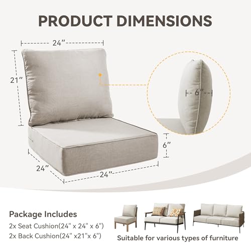 Image of Outdoor Cushion Set for Patio Furniture, UV Resistant, Water Resistant - 6 Inch Thick Foam Garden Cushions- 24x24 Inch Patio Seat Covers for Chair /Sofa /Couch | Beige | 2-Pack |