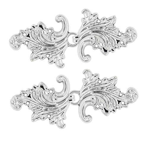 Bezelry Asymmetric Acanthus Leaf Hook and Eye Cloak Clasp Sew On Fasteners Pack of 4 Pairs 66mm x 28mm Fastened. (Shiny Silver)