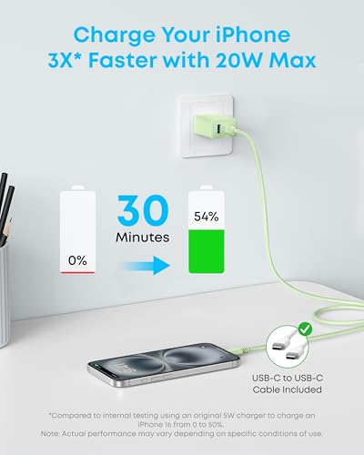 Image of Anker iPhone 17 /16 Charger, 2-Pack 20W Fast USB C Charger Block, for iPhone 17 /16 /16 Pro Max /15 Series /iPad Pro and More (Green, 2 Pack & 2 Cable)