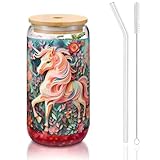 WZYCWB Taza de vidrio con tapa de bambú de 16 onzas, diseño de unicornio de corte de papel, tazas de café helado, tazas de té helado, tazas de cerveza, ideales para accesorios de cafetería, regalos