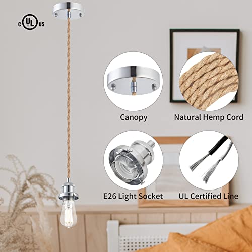 Image of Industrial Mini Pendant Light Kit, E26 Socket Pendant Hanging Light, Hemp Rope Vintage Hanging Pendant Light Cord, Adjustable Pendant Lights Ceiling Mount Kitchen Island Farmhouse