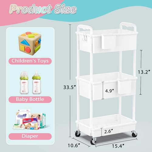 Image of SUNALLY Baby Diaper Caddy Cart, 3 Tier Rolling Diaper Cart with Lockable Wheels for Nursery Essentials, Large Capacity & Easy Assemble Diaper Storage Organizer for Newborn,New Mom, White