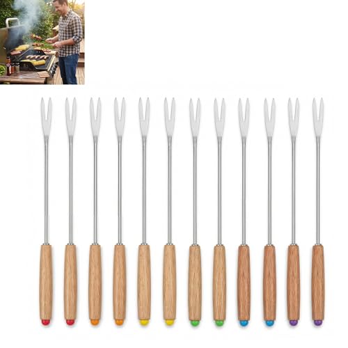 Ensemble de 12 Fourchettes à Fondue en Acier Inoxydable - Couverts de Haute Qualité avec Poignée en Bois Résistante à la Chaleur - Pour Fondues au...