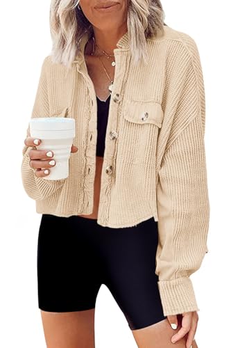 Image of Panadila Women's Cropped Waffle Knit Shacket Short Button Down Jacket Batwing Sleeve Shirts with Pocket