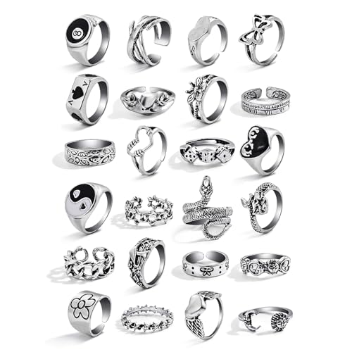 Image of IFKM Vintage Silver Knuckle Rings Set for Women, Stackable Joint Finger Statement Rings Bohemian Retro Hollow Carved Midi Rings, Boho Halloween Skeleton Skull Snake Heart Chunky Stacking Rings Pack