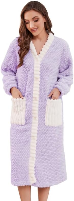 LYCY Womens Plush Robe, Soft Fluffy Bathrobe for Women Winter Button Warm Loungewear