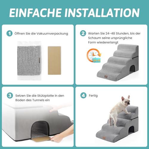 COZY KISS Hundetreppe für Kleine Hunde, Haustiertreppe für Hochbett aus Hochdichtem Schwamm, Hunde Treppe Hunderampe mit Waschbarem Bezug (Grau, 84 × 50 × 57 cm, 5)
