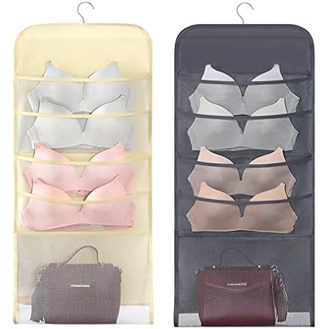 ELUCHANG 2 Packs Hanging Closet Organizers and Storage, Foldable Hanging Shelves, 4-5 Shelves with Side Mesh Pockets Clothes Storage Organizer (4-Shelves | Grey+Beige) Cover